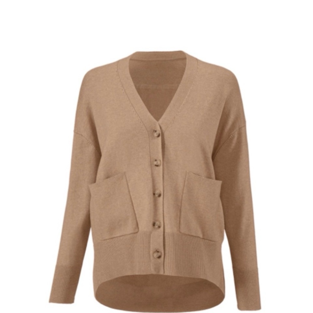 CAbi B-Sided Cardigan XS Camel Tan Lightweight Button Front Sweater